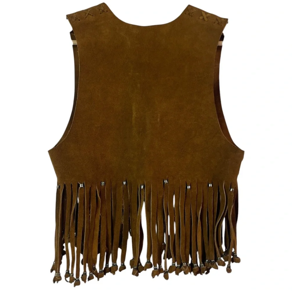 Vintage Suede Handmade Cow Hide Beaded Fringe Tassel Boho Vest / Indian Jacket